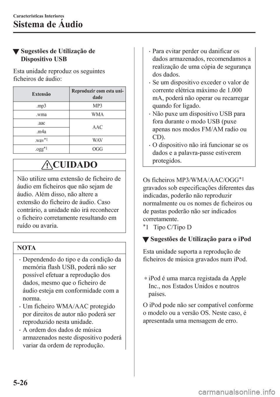 MAZDA MODEL 6 2016 Manual do proprietário (in Portuguese) tSugestões de Utilização de
Dispositivo USB
Esta unidade reproduz os seguintes
ficheiros de áudio:
ExtensãoReproduzir com esta uni-
dade
.mp3 MP3
.wma WMA
.aac
AAC
.m4a
.wav
*1WAV
.ogg
*1OGG
CUID MAZDA MODEL 6 2016 Manual do proprietário (in Portuguese) tSugestões de Utilização de
Dispositivo USB
Esta unidade reproduz os seguintes
ficheiros de áudio:
ExtensãoReproduzir com esta uni-
dade
.mp3 MP3
.wma WMA
.aac
AAC
.m4a
.wav
*1WAV
.ogg
*1OGG
CUID
