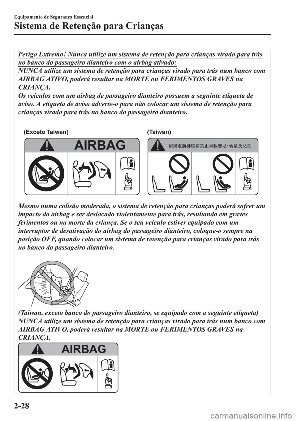 MAZDA MODEL 6 2016  Manual do proprietário (in Portuguese) Perigo Extremo! Nunca utilize um sistema de retenção para crianças virado para trás
no banco do passageiro dianteiro com o airbag ativado:
NUNCA utilize um sistema de retenção para crianças vir