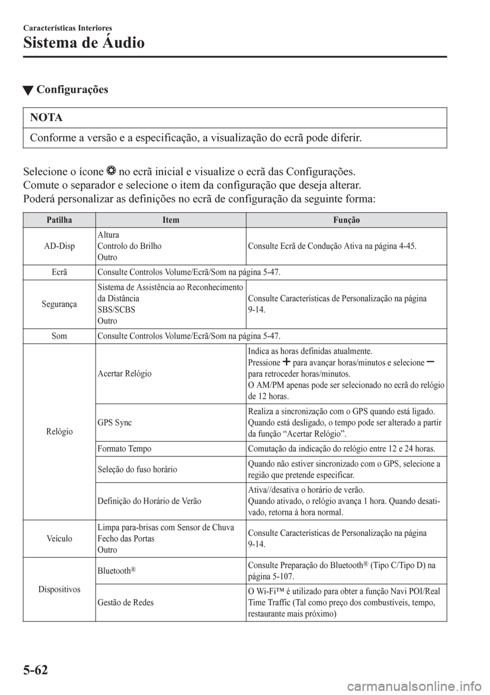 MAZDA MODEL 6 2016  Manual do proprietário (in Portuguese) tConfigurações
NOTA
Conforme a versão e a especificação, a visualização do ecrã pode diferir.
Selecione o ícone  no ecrã inicial e visualize o ecrã das Configurações.
Comute o separador e