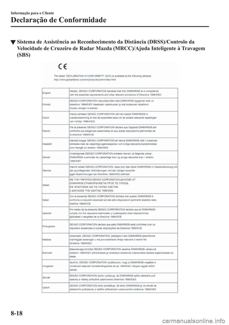 MAZDA MODEL 6 2016  Manual do proprietário (in Portuguese) tSistema de Assistência ao Reconhecimento da Distância (DRSS)/Controlo da
Velocidade de Cruzeiro de Radar Mazda (MRCC)/Ajuda Inteligente à Travagem
(SBS)
Informação para o Cliente
Declaração de