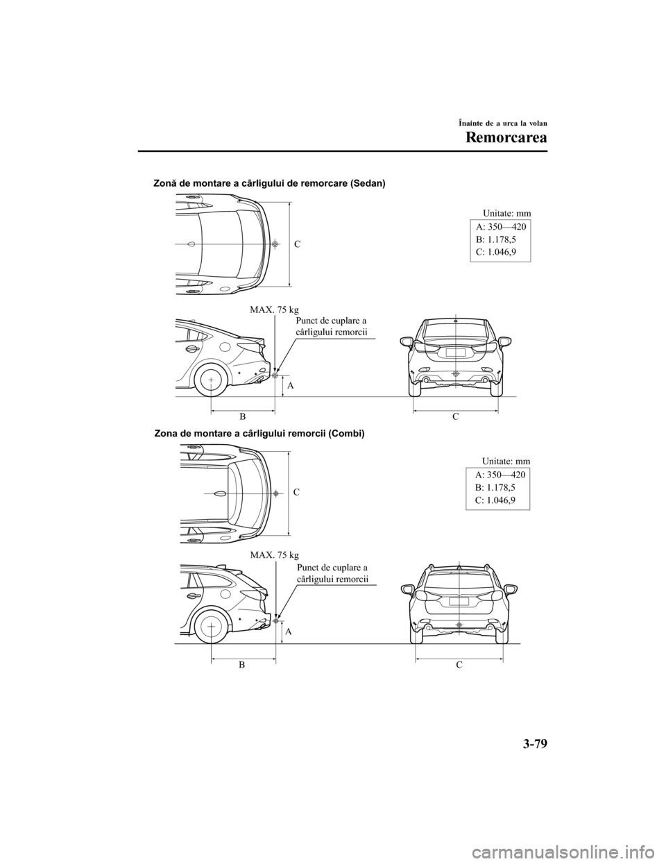MAZDA MODEL 6 2016  Manualul de utilizare (in Romanian) C
Unitate: mm
A
B CA: 350—420
B: 1.178,5
C: 1.046,9
Zonă de montare a cârligului de remorcare (Sedan)
MAX. 75 kgPunct de cuplare a 
cârligului remorcii
C
Unitate: mm
A
B CA: 350—420
B: 1.178,5
