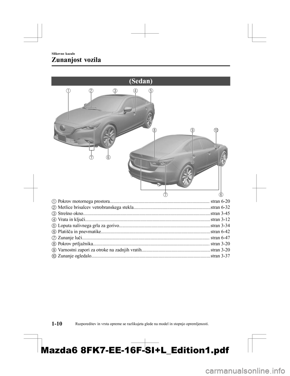 MAZDA MODEL 6 2016 Priročnik za lastnika (in Slovenian) (Sedan)
1Pokrov motornega prostora................................................................................... stran 6-20
2 Metlice brisalcev vetrobranskega stekla.............................. MAZDA MODEL 6 2016 Priročnik za lastnika (in Slovenian) (Sedan)
1Pokrov motornega prostora................................................................................... stran 6-20
2 Metlice brisalcev vetrobranskega stekla..............................