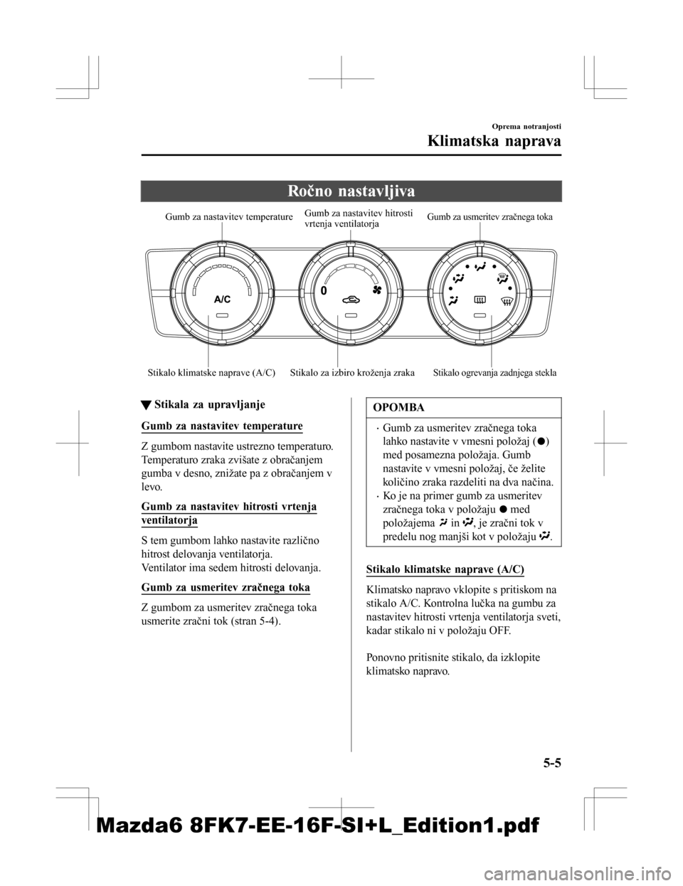 MAZDA MODEL 6 2016  Priročnik za lastnika (in Slovenian) Ročno nastavljiva
Stikalo klimatske naprave (A/C) Stikalo za izbiro kroženja zrakaStikalo ogrevanja zadnjega stekla
Gumb za usmeritev zračnega toka 
Gumb za nastavitev temperature 
Gumb za nastavit