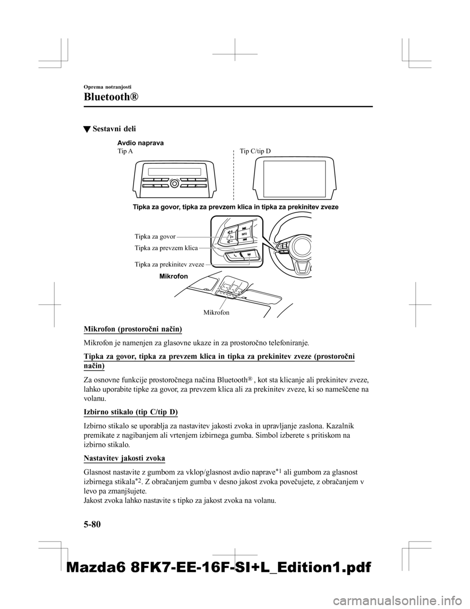 MAZDA MODEL 6 2016  Priročnik za lastnika (in Slovenian) tSestavni deli
Mikrofon
Tipka za govor, tipka za prevzem klica in tipka za prekinitev zveze
Mikrofon
Avdio naprava
Tip A Tip C/tip D
Tipka za govor
Tip ka za prekinitev zveze
Tip
ka za prevzem  klica
