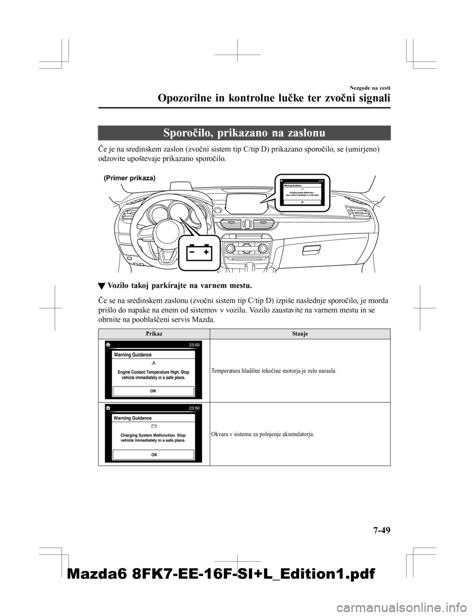 MAZDA MODEL 6 2016  Priročnik za lastnika (in Slovenian) Sporočilo, prikazano na zaslonu
Če je na sredinskem zaslon (zvočni sistem tip C/tip D) prikazano sporočilo, se (umirjeno)
odzovite upoštevaje prikazano sporočilo.
 
(Primer prikaza)
tVozilo tako