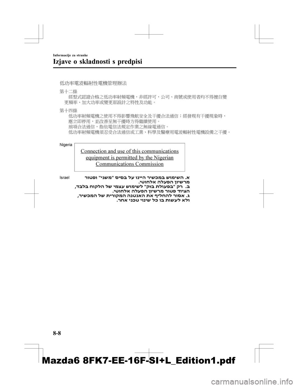 MAZDA MODEL 6 2016 Priročnik za lastnika (in Slovenian) Informacije za stranke
Izjave o skladnosti s predpisi
8-8
Mazda6 8FK7-EE-16F-SI+L_Edition1.pdf MAZDA MODEL 6 2016 Priročnik za lastnika (in Slovenian) Informacije za stranke
Izjave o skladnosti s predpisi
8-8
Mazda6 8FK7-EE-16F-SI+L_Edition1.pdf