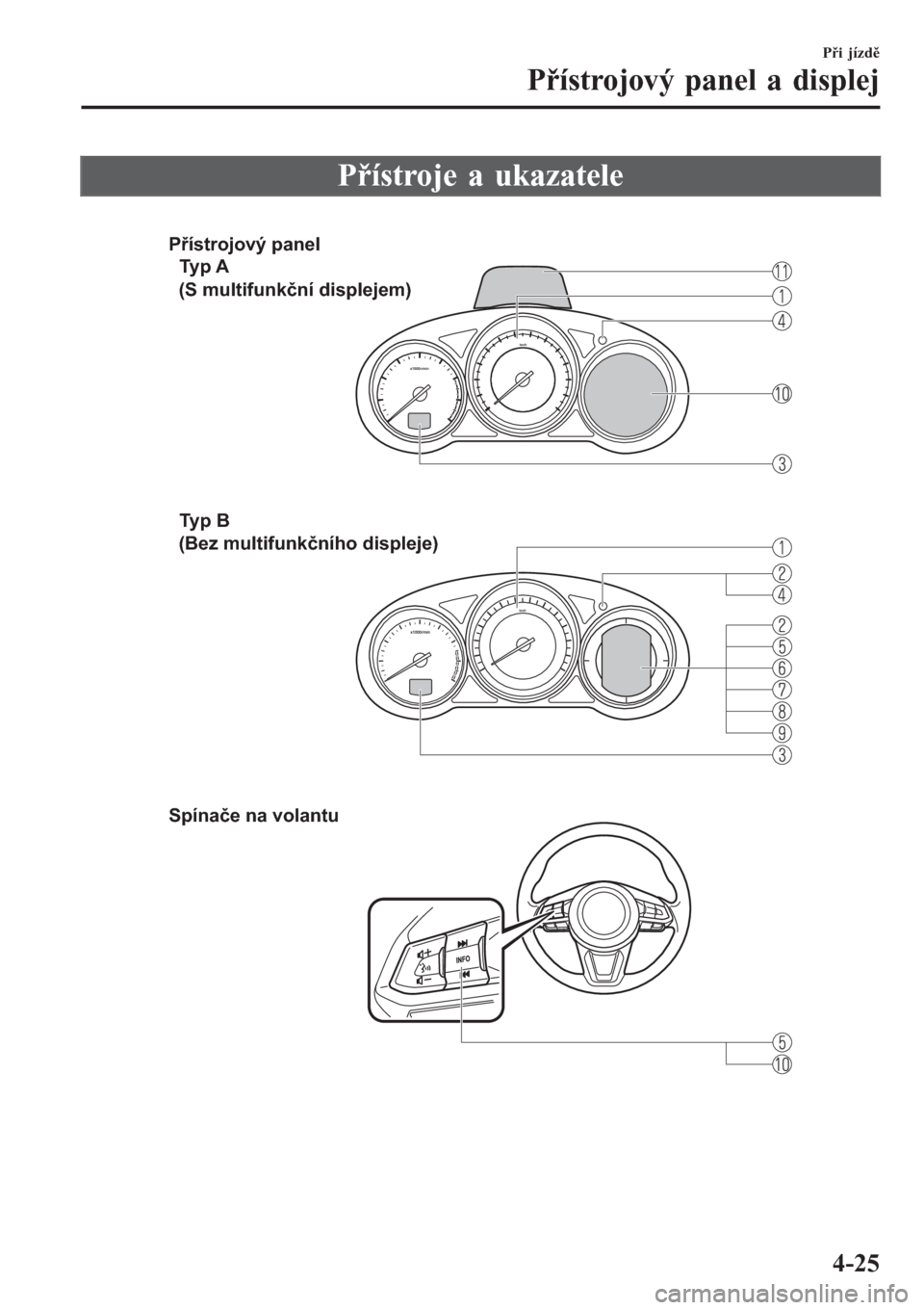 MAZDA MODEL 6 2016 Návod k obsluze (in Czech) Přístroje a ukazatele
Přístrojový panel
Ty p A
Ty p B
Spínače na volantu
(S multifunkční displejem)
(Bez multifunkčního displeje)
Při jízdě
Přístrojový panel a displej
4-25 MAZDA MODEL 6 2016 Návod k obsluze (in Czech) Přístroje a ukazatele
Přístrojový panel
Ty p A
Ty p B
Spínače na volantu
(S multifunkční displejem)
(Bez multifunkčního displeje)
Při jízdě
Přístrojový panel a displej
4-25