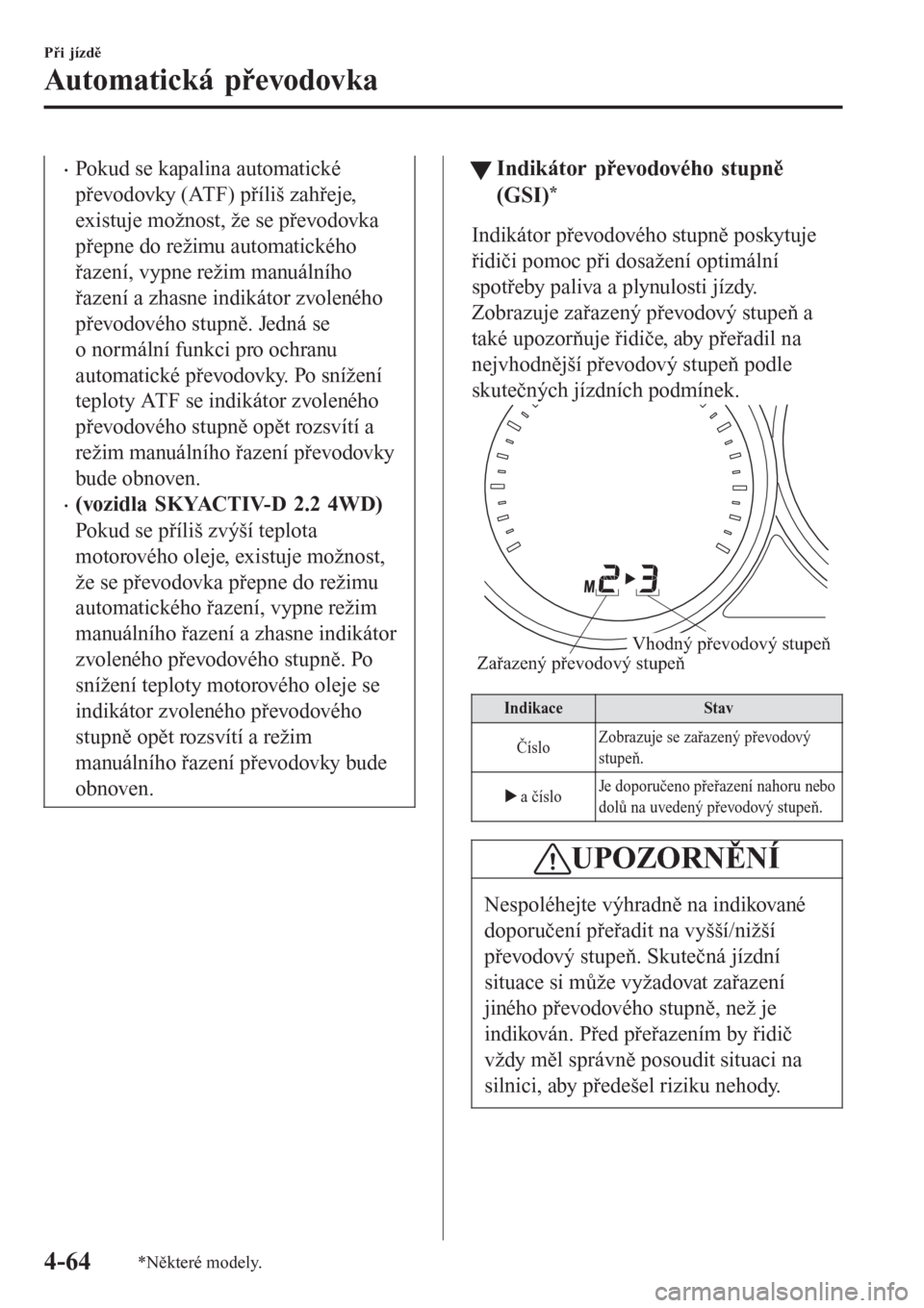 MAZDA MODEL 6 2016  Návod k obsluze (in Czech) •Pokud se kapalina automatické
převodovky (ATF) příliš zahřeje,
existuje možnost, že se převodovka
přepne do režimu automatického
řazení, vypne režim manuálního
řazení a zhasne in