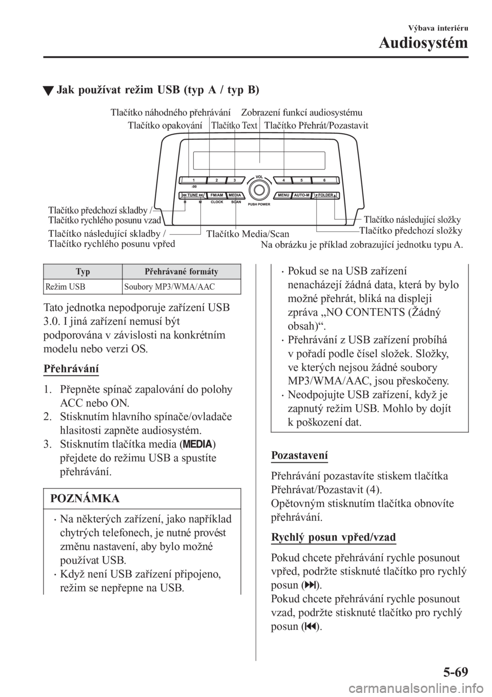 MAZDA MODEL 6 2016  Návod k obsluze (in Czech) tJak používat režim USB (typ A / typ B)
Tlačítko Media/ScanTlačítko předchozí složky
Tlačítko následující složky
Tlačítko Přehrát/Pozastavit Tlačítko náhodného přehrávání
T