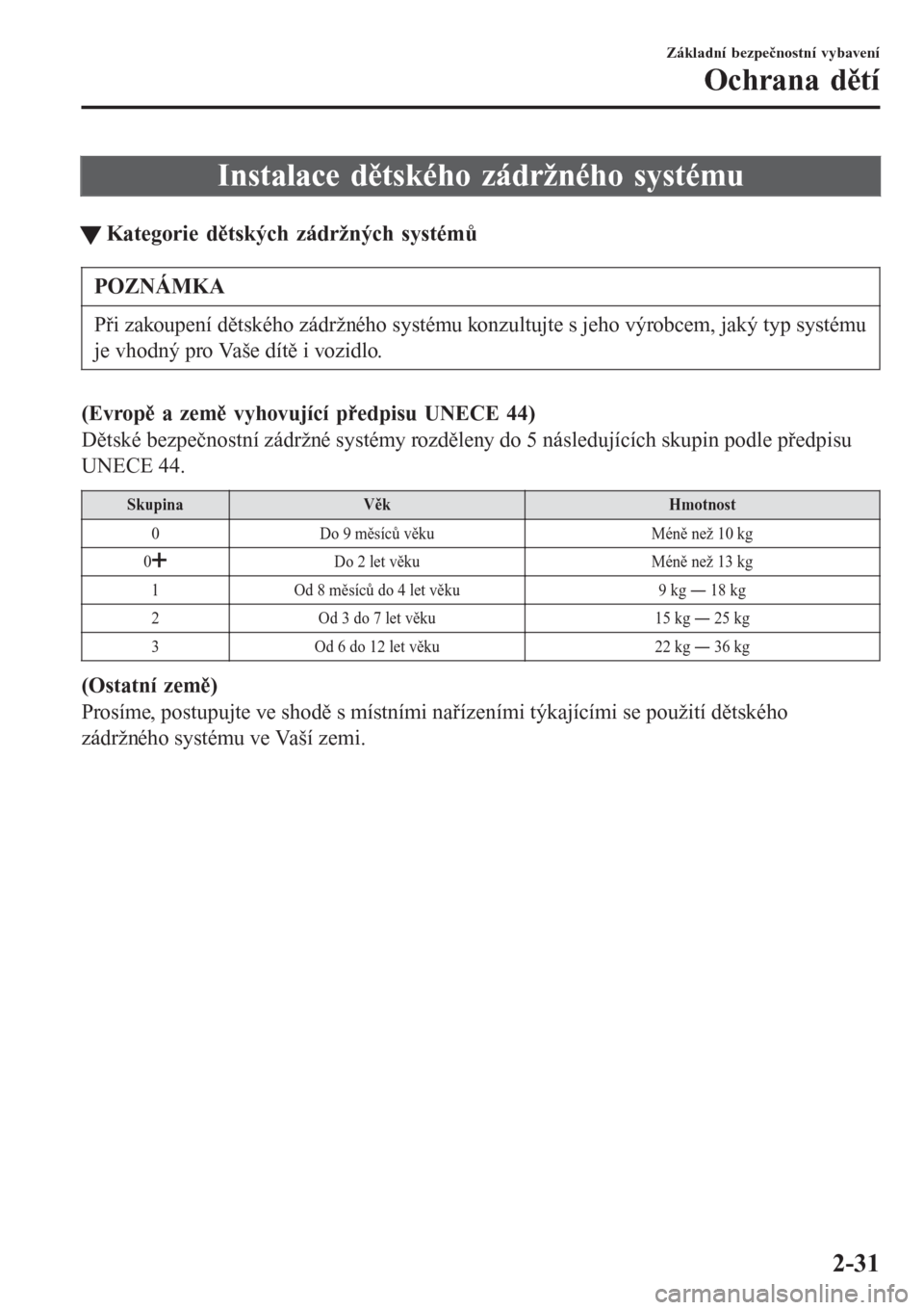 MAZDA MODEL 6 2016  Návod k obsluze (in Czech) Instalace dětského zádržného systému
tKategorie dtských zádržných systém
POZNÁMKA
Při zakoupení dětského zádržného systému konzultujte s jeho výrobcem, jaký typ systému
je vho