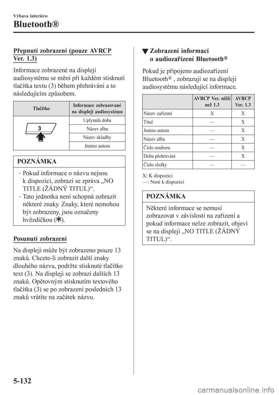 MAZDA MODEL 6 2016 Návod k obsluze (in Czech) Přepnutí zobrazení (pouze AVRCP
Ver. 1.3)
Informace zobrazené na displeji
audiosystému se mění při každém stisknutí
tlačítka textu (3) během přehrávání a to
následujícím způsobem MAZDA MODEL 6 2016 Návod k obsluze (in Czech) Přepnutí zobrazení (pouze AVRCP
Ver. 1.3)
Informace zobrazené na displeji
audiosystému se mění při každém stisknutí
tlačítka textu (3) během přehrávání a to
následujícím způsobem