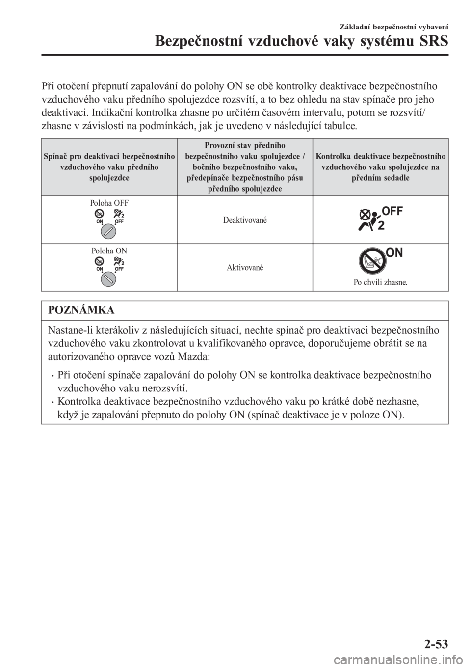 MAZDA MODEL 6 2016  Návod k obsluze (in Czech) Při otočení přepnutí zapalování do polohy ON se obě kontrolky deaktivace bezpečnostního
vzduchového vaku předního spolujezdce rozsvítí, a to bez ohledu na stav spínače pro jeho
deakti