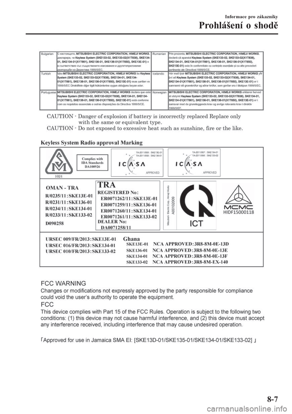 MAZDA MODEL 6 2016 Návod k obsluze (in Czech) Informace pro zákazníky
Prohlášení o shodě
8-7 MAZDA MODEL 6 2016 Návod k obsluze (in Czech) Informace pro zákazníky
Prohlášení o shodě
8-7