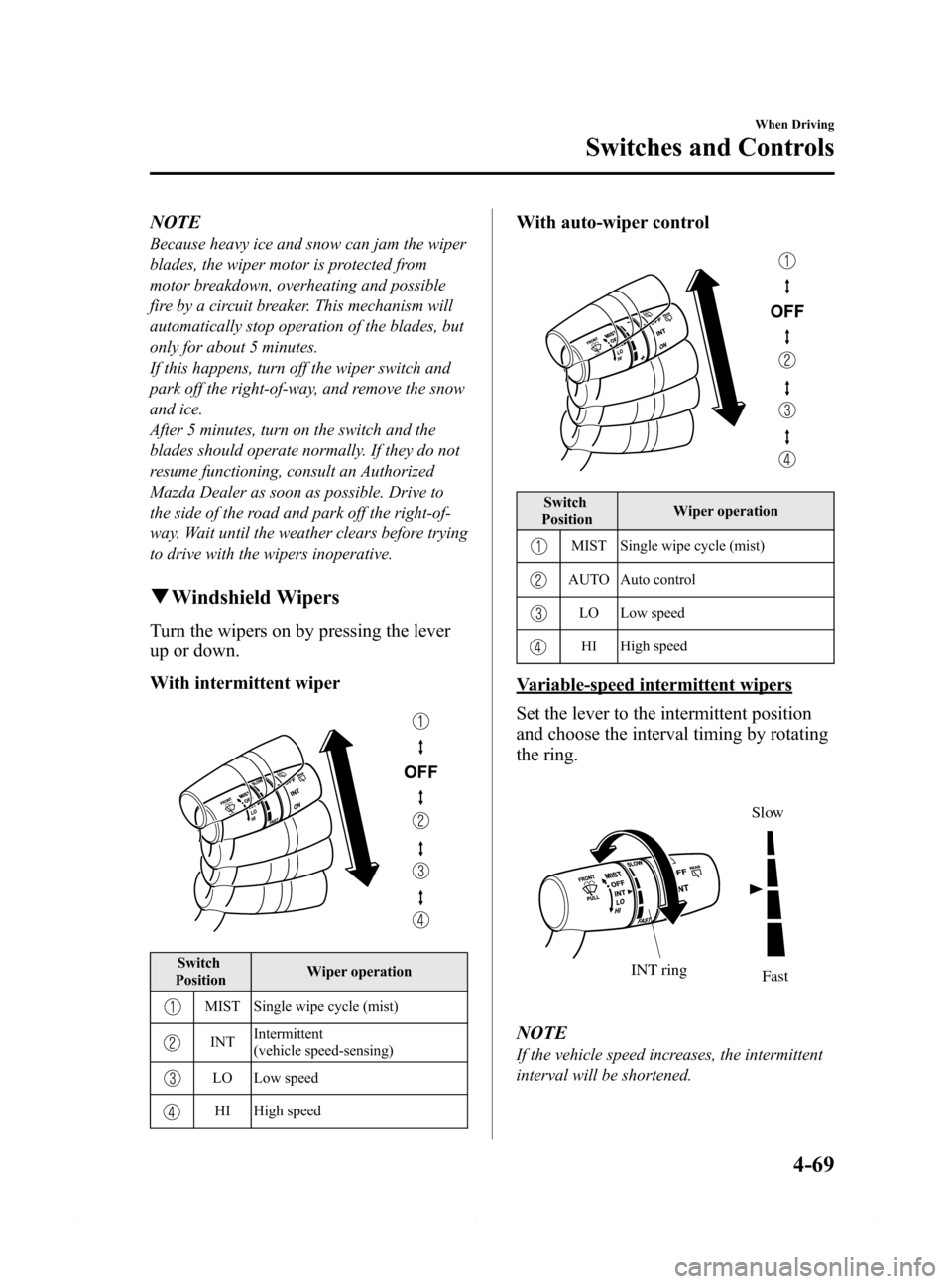 MAZDA MODEL 6 2015 Owners Manual (in English) Black plate (193,1)
NOTE
Because heavy ice and snow can jam the wiper
blades, the wiper motor is protected from
motor breakdown, overheating and possible
fire by a circuit breaker. This mechanism will MAZDA MODEL 6 2015 Owners Manual (in English) Black plate (193,1)
NOTE
Because heavy ice and snow can jam the wiper
blades, the wiper motor is protected from
motor breakdown, overheating and possible
fire by a circuit breaker. This mechanism will
