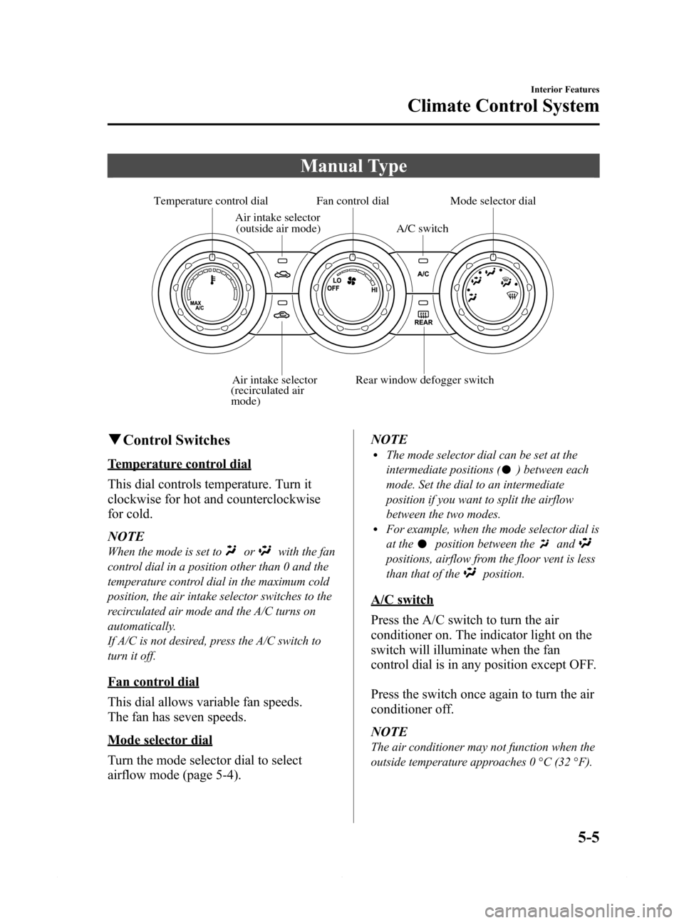 MAZDA MODEL 6 2015 Owners Manual (in English) Black plate (277,1)
Manual Type
Temperature control dial
A/C switch
Rear window defogger switchFan control dialMode selector dial
Air intake selector
(recirculated air
mode)
Air intake selector
(outs MAZDA MODEL 6 2015 Owners Manual (in English) Black plate (277,1)
Manual Type
Temperature control dial
A/C switch
Rear window defogger switchFan control dialMode selector dial
Air intake selector
(recirculated air
mode)
Air intake selector
(outs