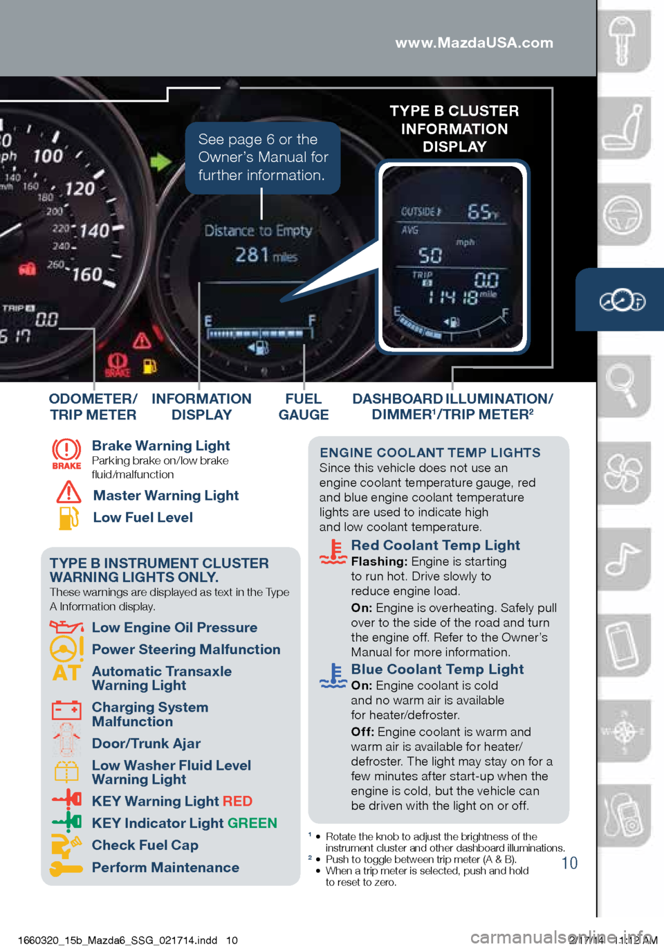 MAZDA MODEL 6 2015  Smart Start Guide (in English) 10
DASHBOARD ILLUMINATION/ 
DIMMER1/TRIP METER2 
1 •  Rotate the knob to adjust the brightness of the 
instrument cluster and other dashboard illuminations.
2 • Push to toggle between trip meter (