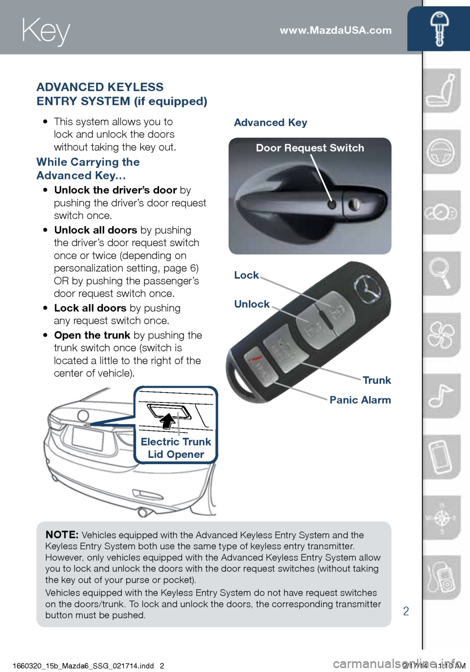 MAZDA MODEL 6 2015  Smart Start Guide (in English) 2
www.MazdaUSA.com
NOTE: Vehicles equipped with the Advanced Keyless Entry System and the 
Keyless Entry System both use the same type of keyless entry transmitter. 
However, only vehicles equipped wi