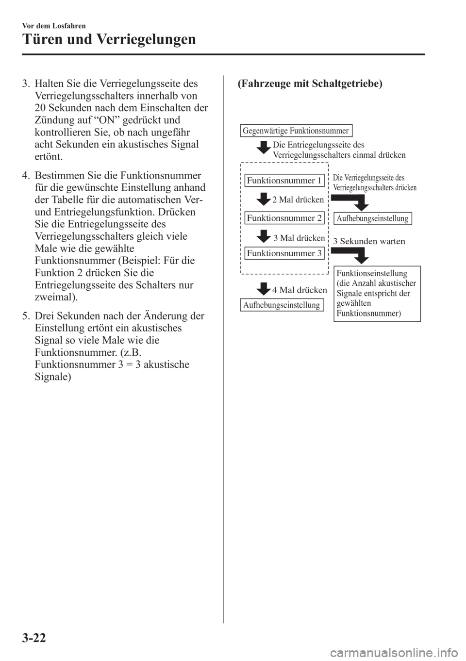 MAZDA MODEL 6 2015 Betriebsanleitung (in German) 3. Halten Sie die Verriegelungsseite des
Verriegelungsschalters innerhalb von
20 Sekunden nach dem Einschalten der
Zündung auf“ON”gedrückt und
kontrollieren Sie, ob nach ungefähr
acht Sekunden MAZDA MODEL 6 2015 Betriebsanleitung (in German) 3. Halten Sie die Verriegelungsseite des
Verriegelungsschalters innerhalb von
20 Sekunden nach dem Einschalten der
Zündung auf“ON”gedrückt und
kontrollieren Sie, ob nach ungefähr
acht Sekunden