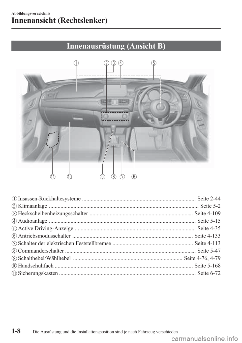 MAZDA MODEL 6 2015 Betriebsanleitung (in German) Innenausrüstung (Ansicht B)
Insassen-Rückhaltesysteme ............................................................................... Seite 2-44
Klimaanlage ......................................... MAZDA MODEL 6 2015 Betriebsanleitung (in German) Innenausrüstung (Ansicht B)
Insassen-Rückhaltesysteme ............................................................................... Seite 2-44
Klimaanlage .........................................