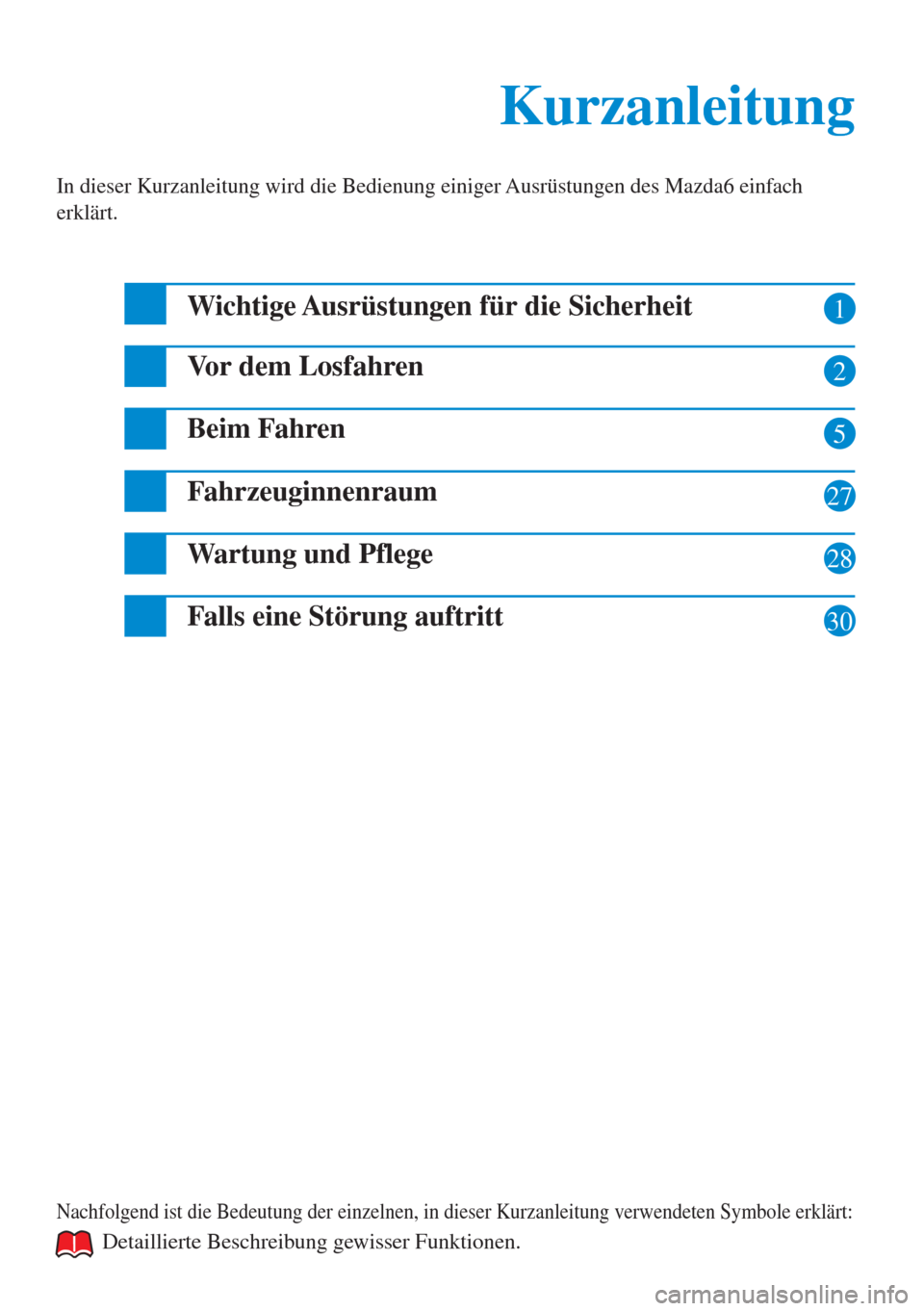 MAZDA MODEL 6 2015  Betriebsanleitung (in German) 1 
2 
5 
27 
28 
Kurzanleitung  Kurzanleitung 
In dieser Kurzanleitung wird die Bedienung einiger Ausrüstungen des Mazda6 einfach 
erklärt. 
Wichtige Ausrüstungen für die Sicherheit 
Vor dem Losfa