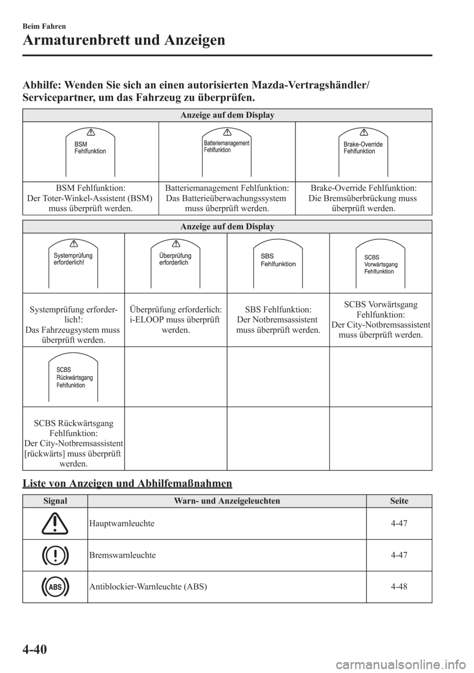 MAZDA MODEL 6 2015  Betriebsanleitung (in German) Abhilfe: Wenden Sie sich an einen autorisierten Mazda-Vertragshändler/
Servicepartner, um das Fahrzeug zu überprüfen.
Anzeige auf dem Display
BSM Fehlfunktion:
Der Toter-Winkel-Assistent (BSM)
muss