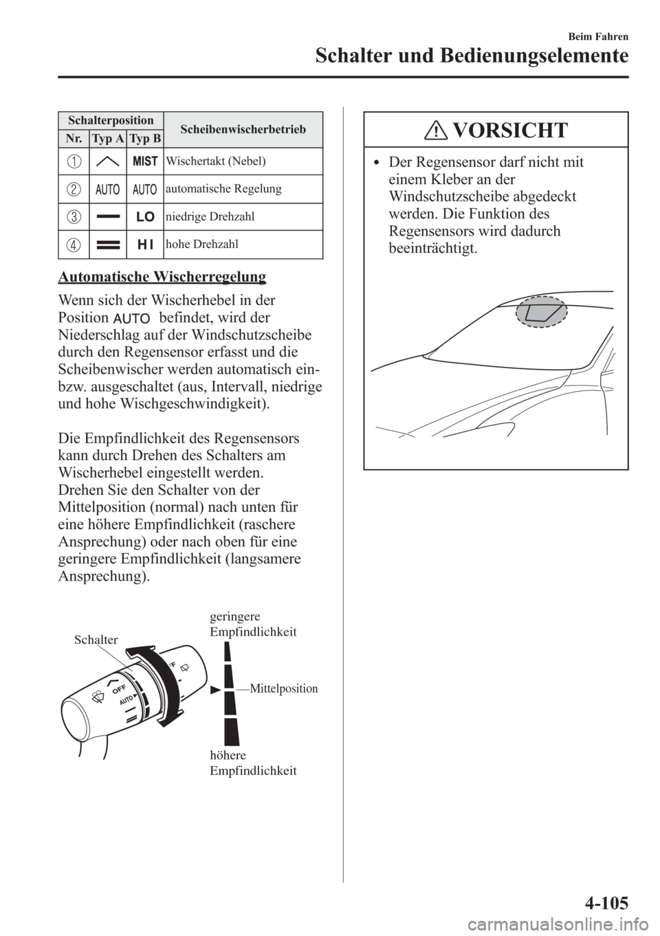 MAZDA MODEL 6 2015 Betriebsanleitung (in German) Schalterposition
Scheibenwischerbetrieb
Nr. Typ A Typ B
Wischertakt (Nebel)
automatische Regelung
niedrige Drehzahl
hohe Drehzahl
Automatische Wischerregelung
Wenn sich der Wischerhebel in der
Positio MAZDA MODEL 6 2015 Betriebsanleitung (in German) Schalterposition
Scheibenwischerbetrieb
Nr. Typ A Typ B
Wischertakt (Nebel)
automatische Regelung
niedrige Drehzahl
hohe Drehzahl
Automatische Wischerregelung
Wenn sich der Wischerhebel in der
Positio