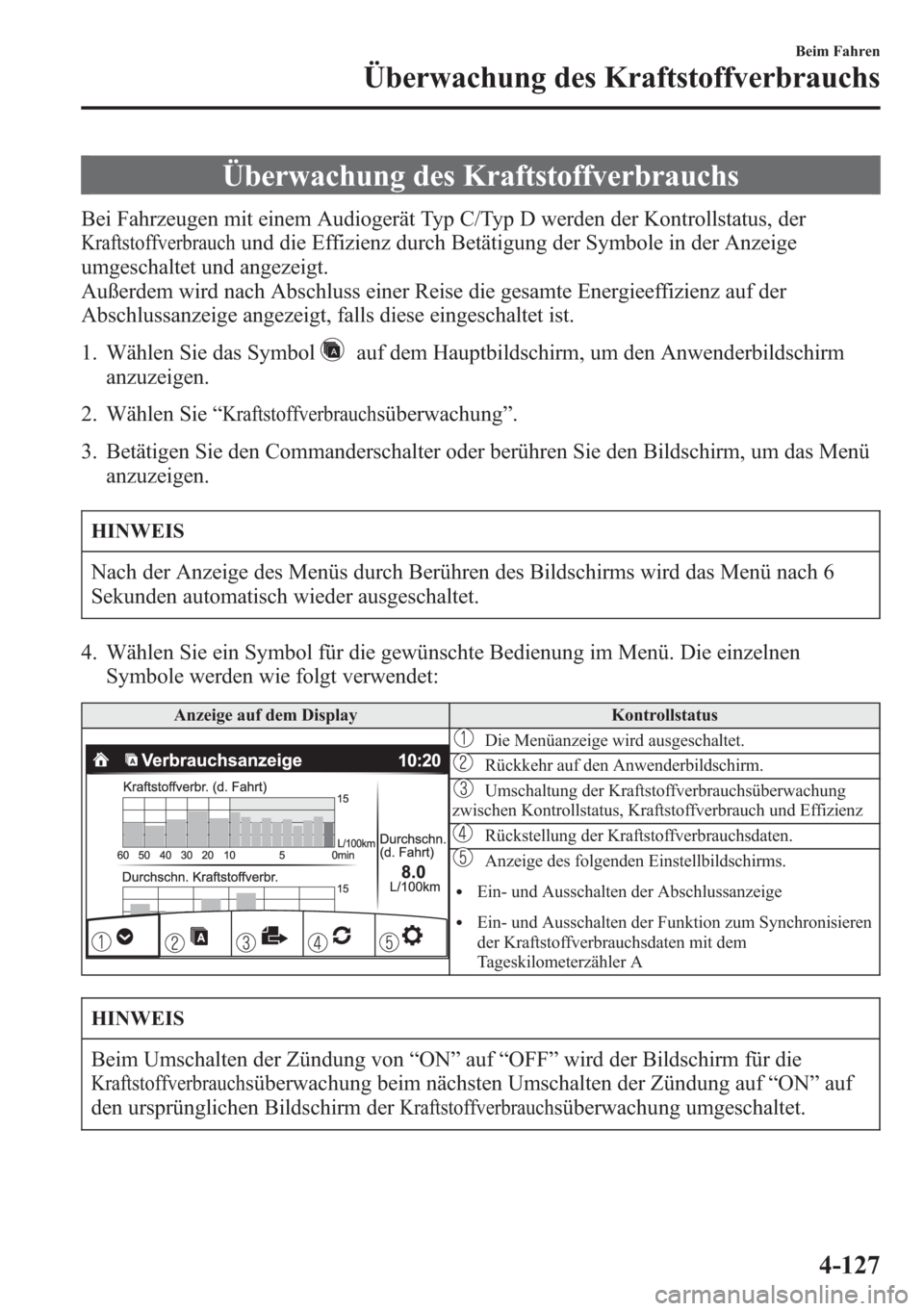 MAZDA MODEL 6 2015 Betriebsanleitung (in German) Überwachung des Kraftstoffverbrauchs
Bei Fahrzeugen mit einem Audiogerät Typ C/Typ D werden der Kontrollstatus, der
Kraftstoffverbrauchund die Effizienz durch Betätigung der Symbole in der Anzeige
MAZDA MODEL 6 2015 Betriebsanleitung (in German) Überwachung des Kraftstoffverbrauchs
Bei Fahrzeugen mit einem Audiogerät Typ C/Typ D werden der Kontrollstatus, der
Kraftstoffverbrauchund die Effizienz durch Betätigung der Symbole in der Anzeige