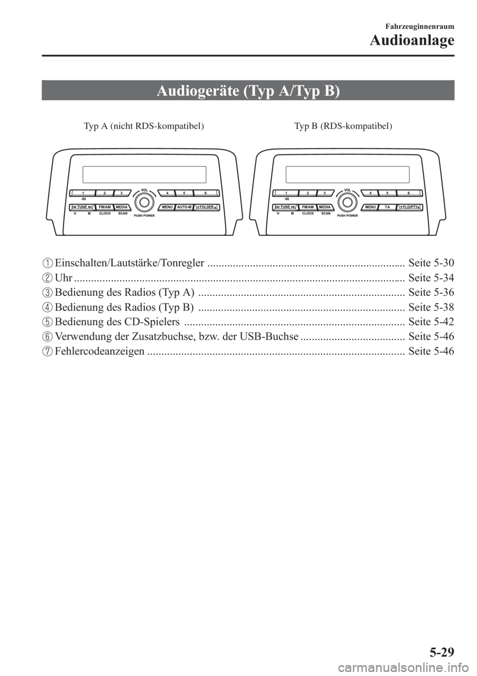 MAZDA MODEL 6 2015 Betriebsanleitung (in German) Audiogeräte (Typ A/Typ B)
Typ A (nicht RDS-kompatibel) Typ B (RDS-kompatibel)
Einschalten/Lautstärke/Tonregler ...................................................................... Seite 5-30
Uhr . MAZDA MODEL 6 2015 Betriebsanleitung (in German) Audiogeräte (Typ A/Typ B)
Typ A (nicht RDS-kompatibel) Typ B (RDS-kompatibel)
Einschalten/Lautstärke/Tonregler ...................................................................... Seite 5-30
Uhr .