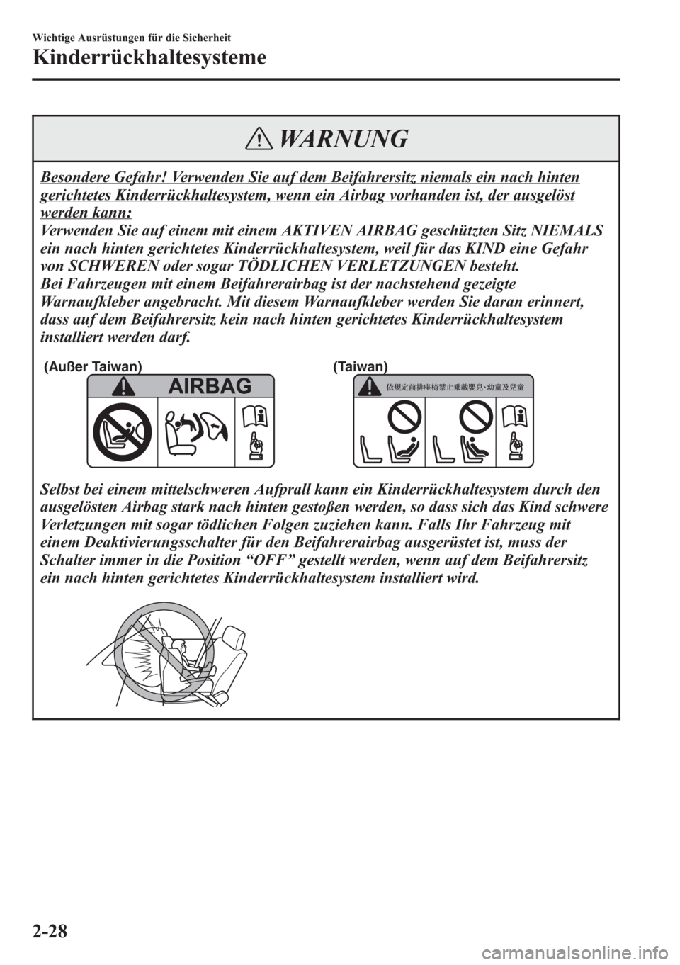 MAZDA MODEL 6 2015  Betriebsanleitung (in German) WARNUNG
Besondere Gefahr! Verwenden Sie auf dem Beifahrersitz niemals ein nach hinten
gerichtetes Kinderrückhaltesystem, wenn ein Airbag vorhanden ist, der ausgelöst
werden kann:
Verwenden Sie auf e