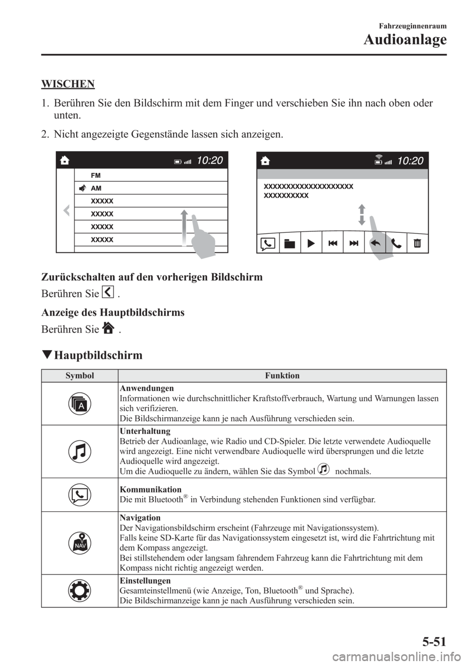 MAZDA MODEL 6 2015  Betriebsanleitung (in German) WISCHEN
1. Berühren Sie den Bildschirm mit dem Finger und verschieben Sie ihn nach oben oder
unten.
2. Nicht angezeigte Gegenstände lassen sich anzeigen.
Zurückschalten auf den vorherigen Bildschir