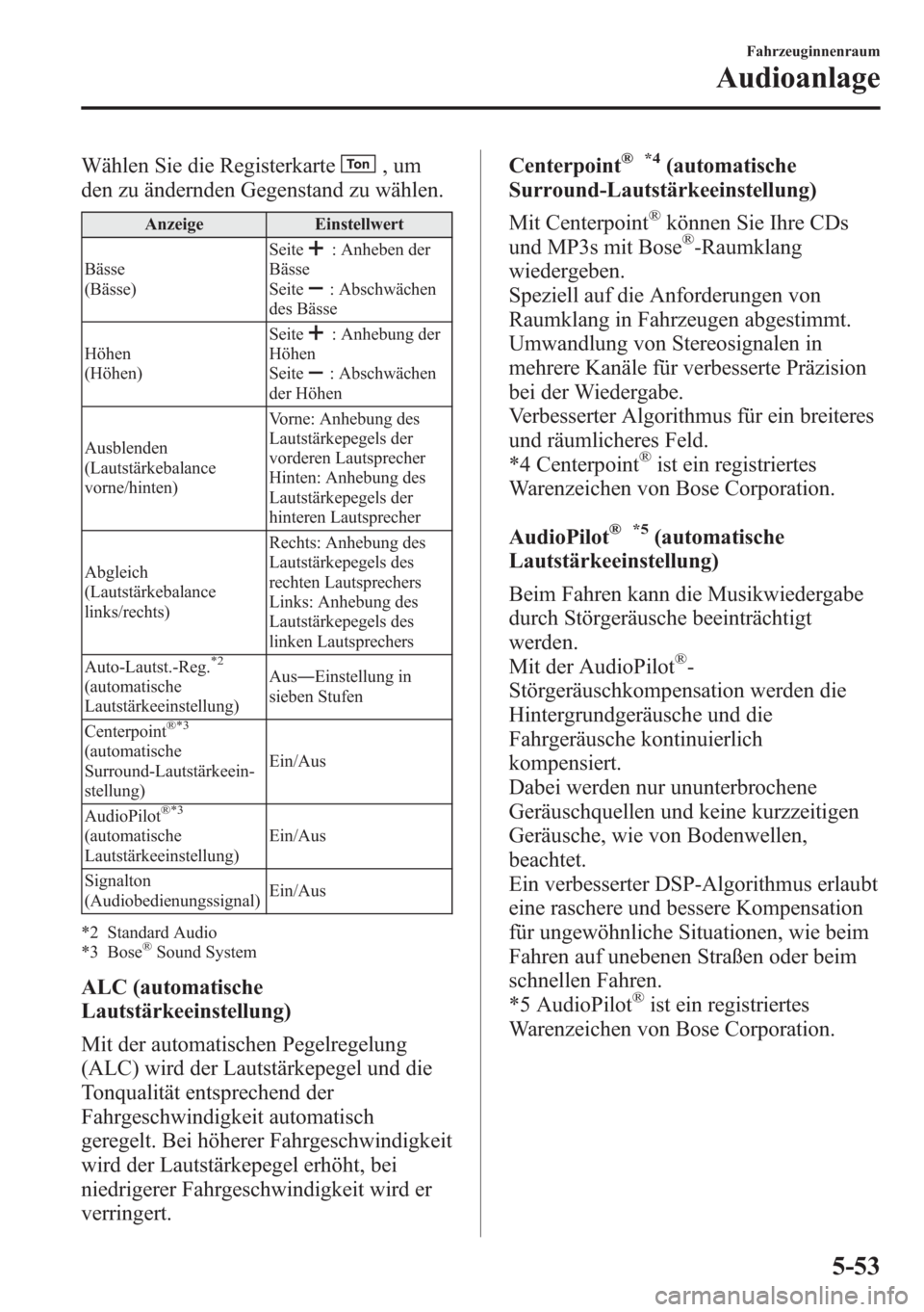 MAZDA MODEL 6 2015  Betriebsanleitung (in German) Wählen Sie die Registerkarte,um
den zu ändernden Gegenstand zu wählen.
Anzeige Einstellwert
Bässe
(Bässe)Seite
: Anheben der
Bässe
Seite
: Abschwächen
des Bässe
Höhen
(Höhen)Seite
: Anhebung
