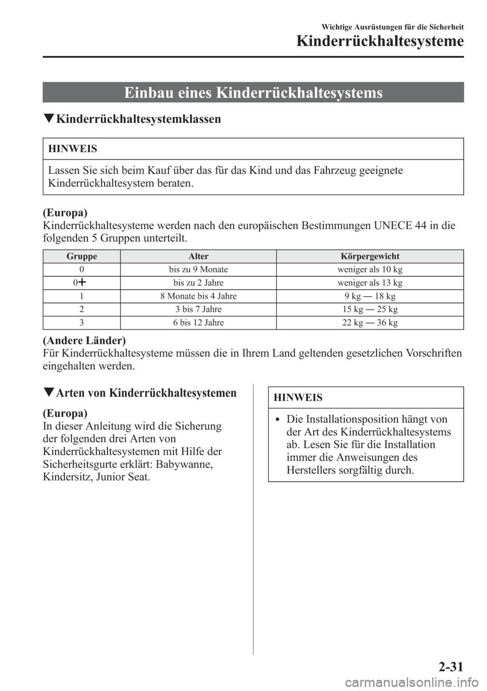 MAZDA MODEL 6 2015 Betriebsanleitung (in German) Einbau eines Kinderrückhaltesystems
qKinderrückhaltesystemklassen
HINWEIS
Lassen Sie sich beim Kauf über das für das Kind und das Fahrzeug geeignete
Kinderrückhaltesystem beraten.
(Europa)
Kinder MAZDA MODEL 6 2015 Betriebsanleitung (in German) Einbau eines Kinderrückhaltesystems
qKinderrückhaltesystemklassen
HINWEIS
Lassen Sie sich beim Kauf über das für das Kind und das Fahrzeug geeignete
Kinderrückhaltesystem beraten.
(Europa)
Kinder