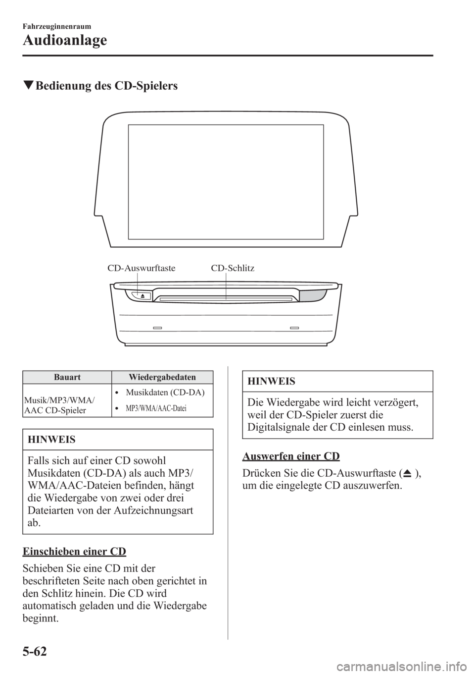 MAZDA MODEL 6 2015 Betriebsanleitung (in German) qBedienung des CD-Spielers
CD-Schlitz CD-Auswurftaste
Bauart Wiedergabedaten
Musik/MP3/WMA/
AAC CD-Spieler
lMusikdaten (CD-DA)
lMP3/WMA/AAC-Datei
HINWEIS
Falls sich auf einer CD sowohl
Musikdaten (CD- MAZDA MODEL 6 2015 Betriebsanleitung (in German) qBedienung des CD-Spielers
CD-Schlitz CD-Auswurftaste
Bauart Wiedergabedaten
Musik/MP3/WMA/
AAC CD-Spieler
lMusikdaten (CD-DA)
lMP3/WMA/AAC-Datei
HINWEIS
Falls sich auf einer CD sowohl
Musikdaten (CD-