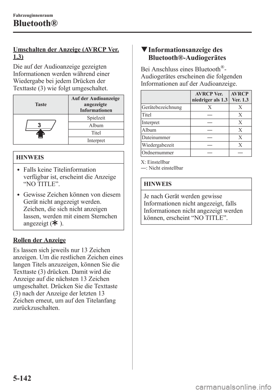 MAZDA MODEL 6 2015 Betriebsanleitung (in German) Umschalten der Anzeige (AVRCP Ver.
1.3)
Die auf der Audioanzeige gezeigten
Informationen werden während einer
Wiedergabe bei jedem Drücken der
Texttaste (3) wie folgt umgeschaltet.
TasteAuf der Audi MAZDA MODEL 6 2015 Betriebsanleitung (in German) Umschalten der Anzeige (AVRCP Ver.
1.3)
Die auf der Audioanzeige gezeigten
Informationen werden während einer
Wiedergabe bei jedem Drücken der
Texttaste (3) wie folgt umgeschaltet.
TasteAuf der Audi