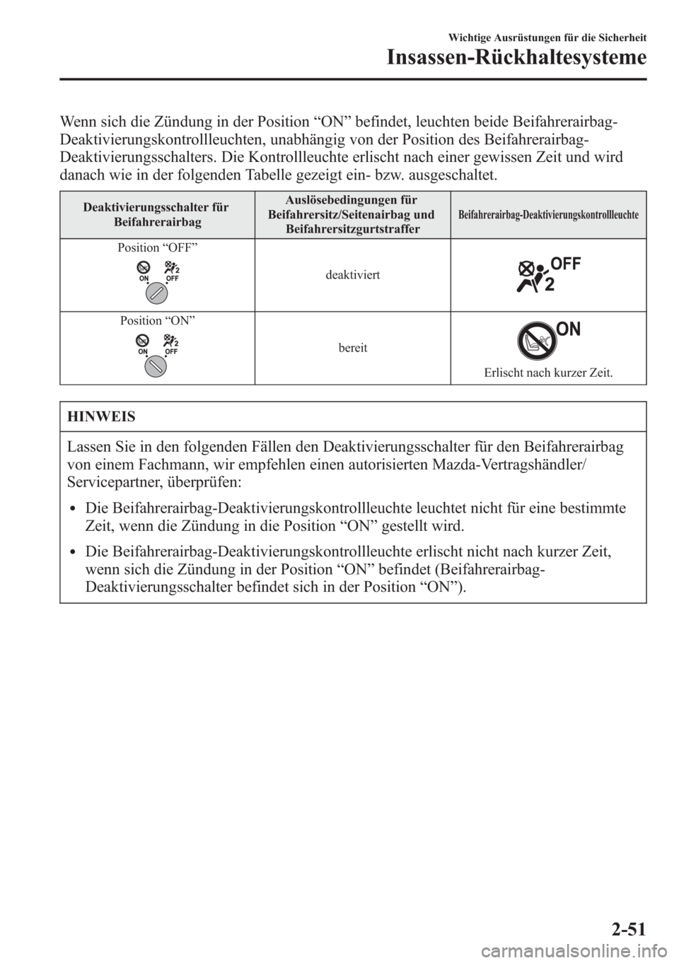 MAZDA MODEL 6 2015  Betriebsanleitung (in German) Wenn sich die Zündung in der Position“ON”befindet, leuchten beide Beifahrerairbag-
Deaktivierungskontrollleuchten, unabhängig von der Position des Beifahrerairbag-
Deaktivierungsschalters. Die K