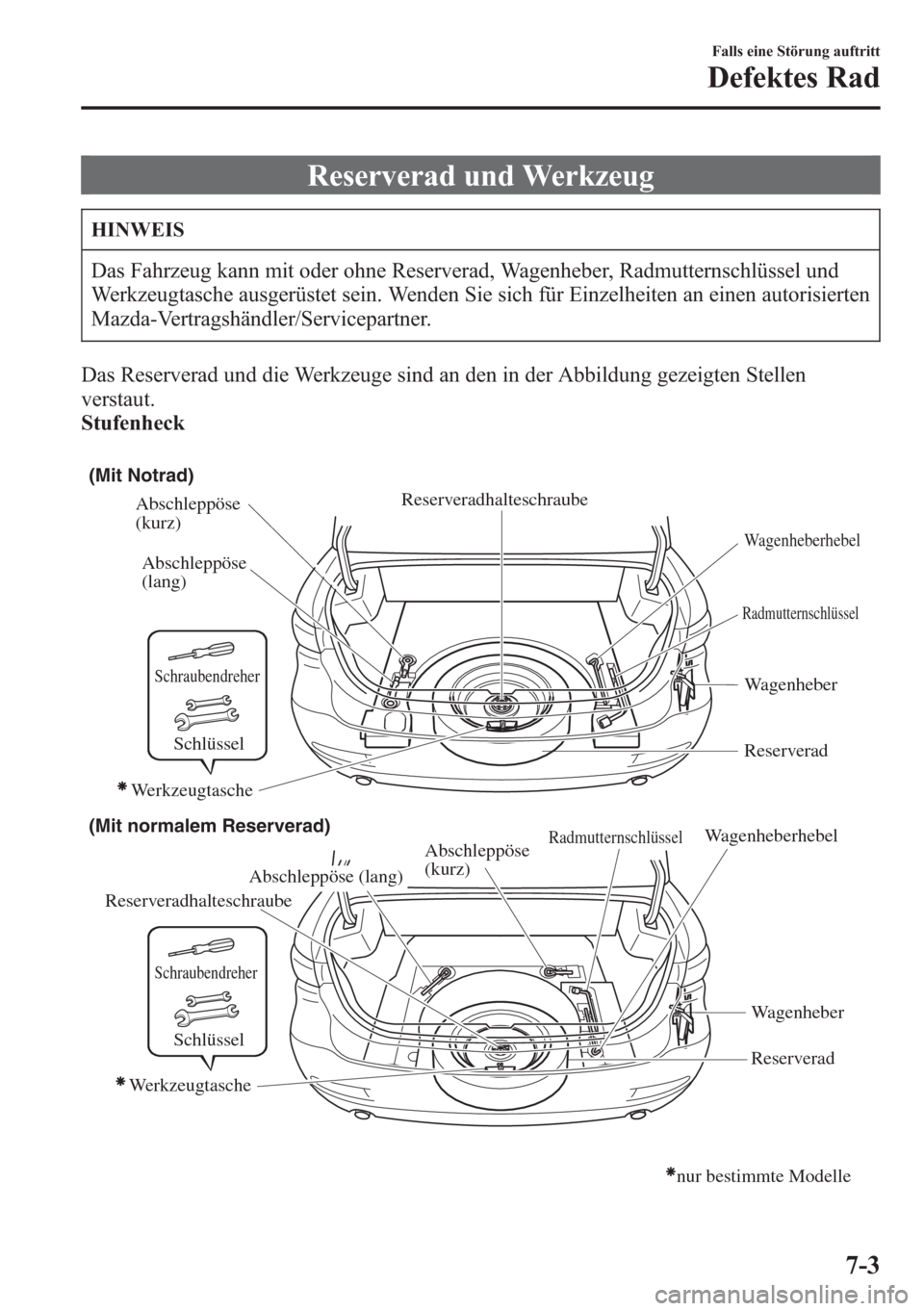 MAZDA MODEL 6 2015 Betriebsanleitung (in German) Reserverad und Werkzeug
HINWEIS
Das Fahrzeug kann mit oder ohne Reserverad, Wagenheber, Radmutternschlüssel und
Werkzeugtasche ausgerüstet sein. Wenden Sie sich für Einzelheiten an einen autorisier MAZDA MODEL 6 2015 Betriebsanleitung (in German) Reserverad und Werkzeug
HINWEIS
Das Fahrzeug kann mit oder ohne Reserverad, Wagenheber, Radmutternschlüssel und
Werkzeugtasche ausgerüstet sein. Wenden Sie sich für Einzelheiten an einen autorisier
