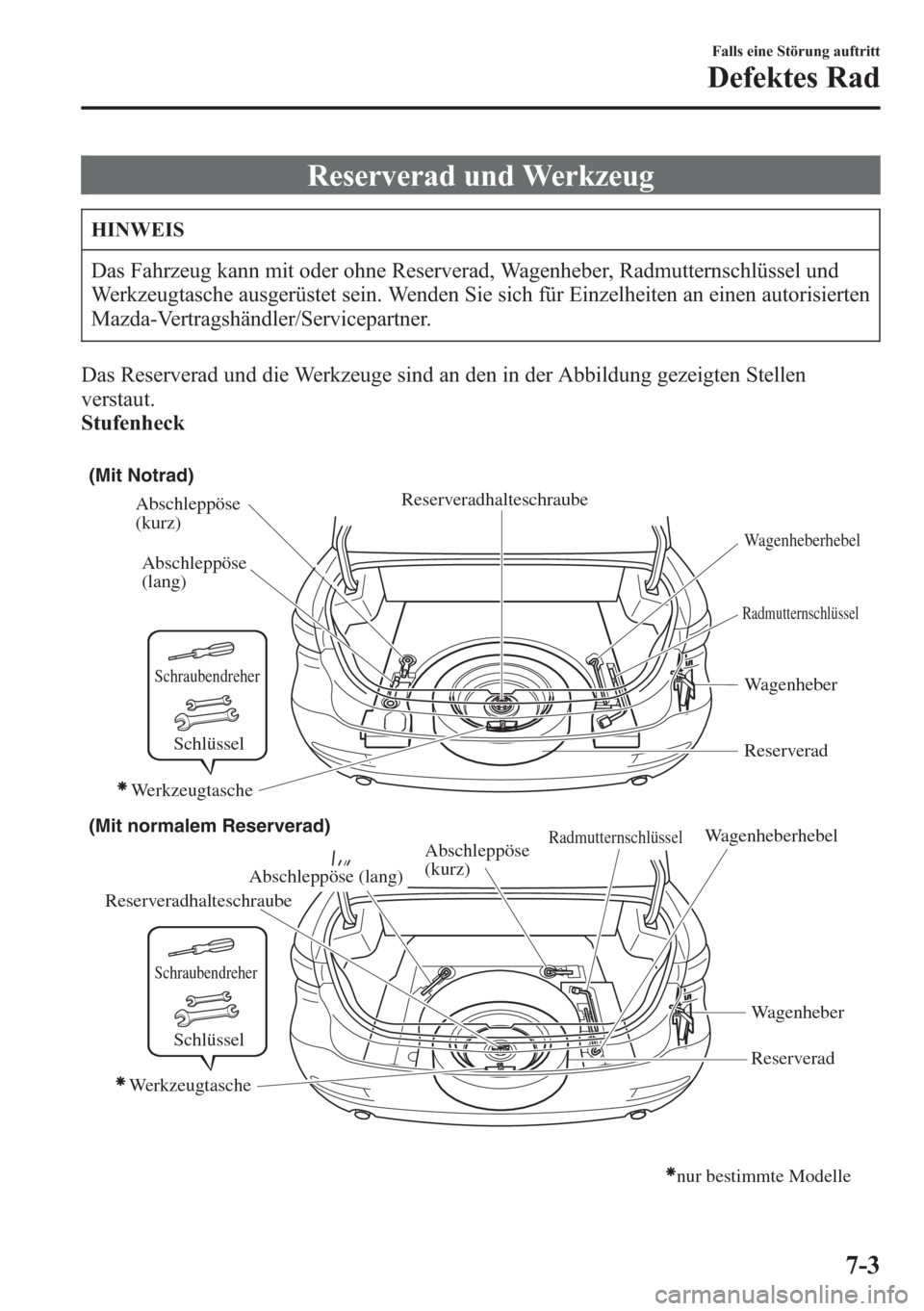 MAZDA MODEL 6 2015  Betriebsanleitung (in German) Reserverad und Werkzeug
HINWEIS
Das Fahrzeug kann mit oder ohne Reserverad, Wagenheber, Radmutternschlüssel und
Werkzeugtasche ausgerüstet sein. Wenden Sie sich für Einzelheiten an einen autorisier