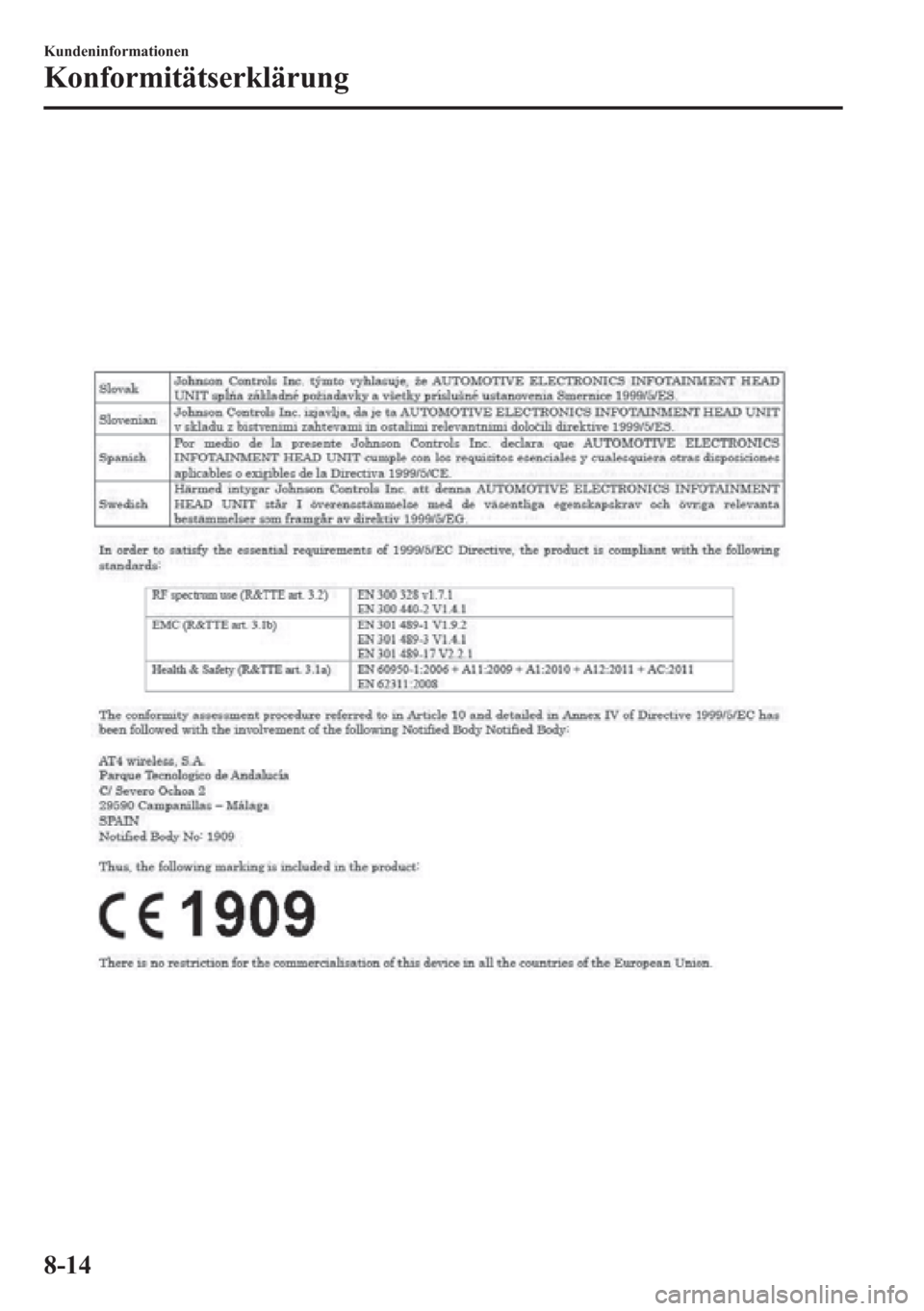MAZDA MODEL 6 2015 Betriebsanleitung (in German) 8-14
Kundeninformationen
Konformitätserklärung MAZDA MODEL 6 2015 Betriebsanleitung (in German) 8-14
Kundeninformationen
Konformitätserklärung
