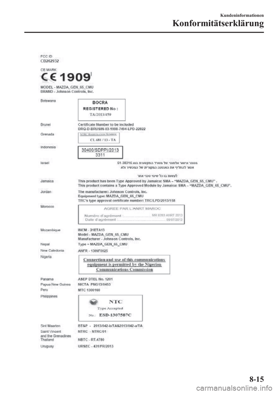 MAZDA MODEL 6 2015 Betriebsanleitung (in German) Kundeninformationen
Konformitätserklärung
8-15 MAZDA MODEL 6 2015 Betriebsanleitung (in German) Kundeninformationen
Konformitätserklärung
8-15