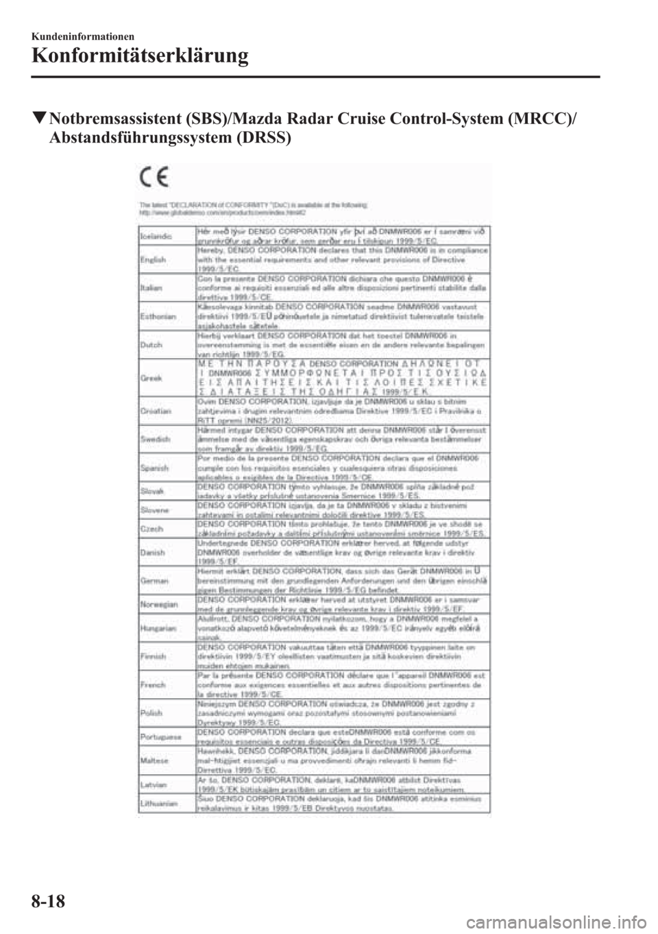 MAZDA MODEL 6 2015 Betriebsanleitung (in German) qNotbremsassistent (SBS)/Mazda Radar Cruise Control-System (MRCC)/
Abstandsführungssystem (DRSS)
8-18
Kundeninformationen
Konformitätserklärung MAZDA MODEL 6 2015 Betriebsanleitung (in German) qNotbremsassistent (SBS)/Mazda Radar Cruise Control-System (MRCC)/
Abstandsführungssystem (DRSS)
8-18
Kundeninformationen
Konformitätserklärung