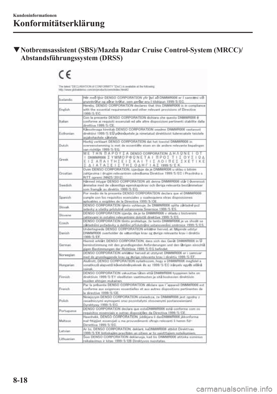 MAZDA MODEL 6 2015  Betriebsanleitung (in German) qNotbremsassistent (SBS)/Mazda Radar Cruise Control-System (MRCC)/
Abstandsführungssystem (DRSS)
8-18
Kundeninformationen
Konformitätserklärung 