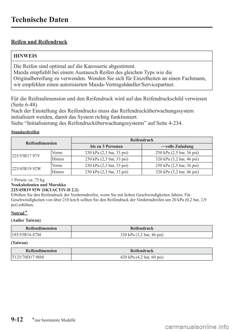 MAZDA MODEL 6 2015 Betriebsanleitung (in German) Reifen und Reifendruck
HINWEIS
Die Reifen sind optimal auf die Karosserie abgestimmt.
Mazda empfiehlt bei einem Austausch Reifen des gleichen Typs wie die
Originalbereifung zu verwenden. Wenden Sie si MAZDA MODEL 6 2015 Betriebsanleitung (in German) Reifen und Reifendruck
HINWEIS
Die Reifen sind optimal auf die Karosserie abgestimmt.
Mazda empfiehlt bei einem Austausch Reifen des gleichen Typs wie die
Originalbereifung zu verwenden. Wenden Sie si