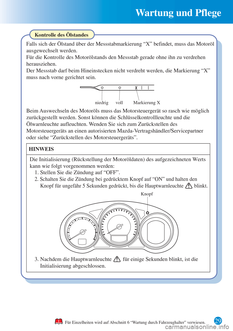 MAZDA MODEL 6 2015  Kurzanleitung (in German) 29 
Wartung und Pflege 
Markierung X voll niedrig
Knopf
Kontrolle des Ölstandes
Falls sich der Ölstand über der Messstabmarkierung “X” befindet, muss das Motoröl 
ausgewechselt werden.
Für Ei