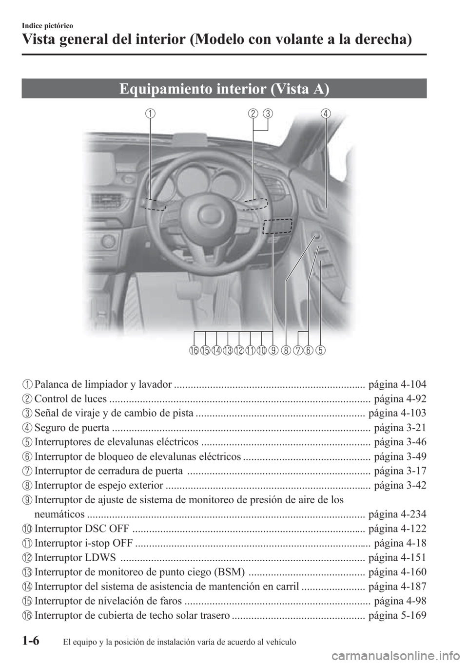 MAZDA MODEL 6 2015 Manual del propietario (in Spanish) Equipamiento interior (Vista A)
Palanca de limpiador y lavador ..................................................................... página 4-104
Control de luces .................................... MAZDA MODEL 6 2015 Manual del propietario (in Spanish) Equipamiento interior (Vista A)
Palanca de limpiador y lavador ..................................................................... página 4-104
Control de luces ....................................