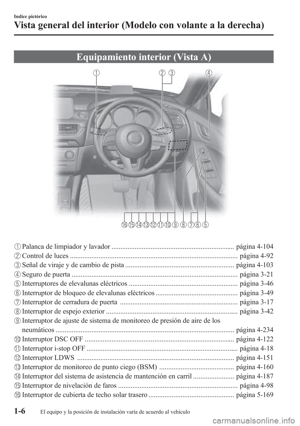 MAZDA MODEL 6 2015  Manual del propietario (in Spanish) Equipamiento interior (Vista A)
Palanca de limpiador y lavador ..................................................................... página 4-104
Control de luces ....................................