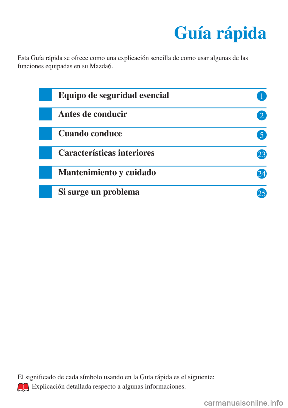 MAZDA MODEL 6 2015  Manual del propietario (in Spanish) 1 
2 
5 
23 
24 
25 
Guía rápida  Guía rápida 
Esta Guía rápida se ofrece como una explicación sencilla de como usar algunas de las 
funciones equipadas en su Mazda6. 
Equipo de seguridad esenc