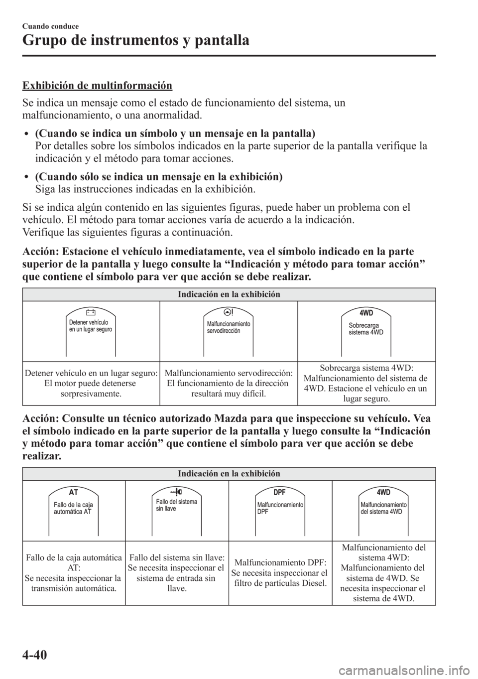 MAZDA MODEL 6 2015 Manual del propietario (in Spanish) Exhibición de multinformación
Se indica un mensaje como el estado de funcionamiento del sistema, un
malfuncionamiento, o una anormalidad.
l(Cuando se indica un símbolo y un mensaje en la pantalla)
MAZDA MODEL 6 2015 Manual del propietario (in Spanish) Exhibición de multinformación
Se indica un mensaje como el estado de funcionamiento del sistema, un
malfuncionamiento, o una anormalidad.
l(Cuando se indica un símbolo y un mensaje en la pantalla)