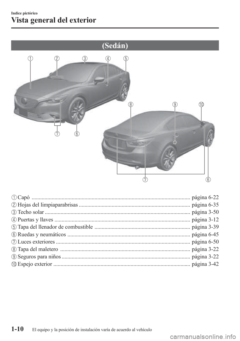 MAZDA MODEL 6 2015 Manual del propietario (in Spanish) (Sedán)
Capó ............................................................................................................... página 6-22
Hojas del limpiaparabrisas ................................. MAZDA MODEL 6 2015 Manual del propietario (in Spanish) (Sedán)
Capó ............................................................................................................... página 6-22
Hojas del limpiaparabrisas .................................