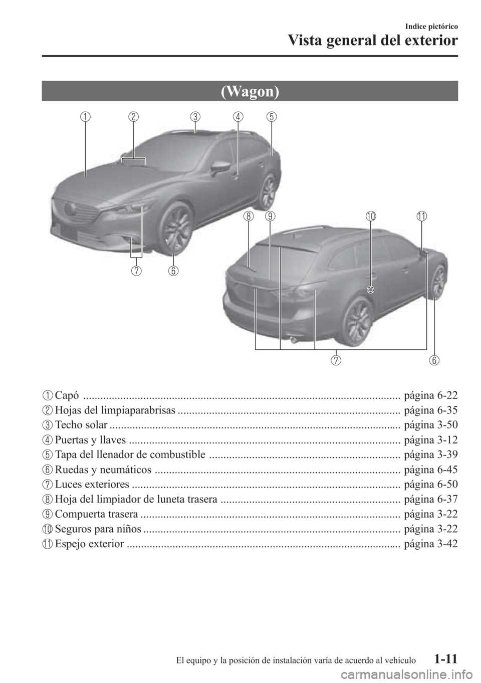 MAZDA MODEL 6 2015 Manual del propietario (in Spanish) (Wagon)
Capó ............................................................................................................... página 6-22
Hojas del limpiaparabrisas .................................. MAZDA MODEL 6 2015 Manual del propietario (in Spanish) (Wagon)
Capó ............................................................................................................... página 6-22
Hojas del limpiaparabrisas ..................................