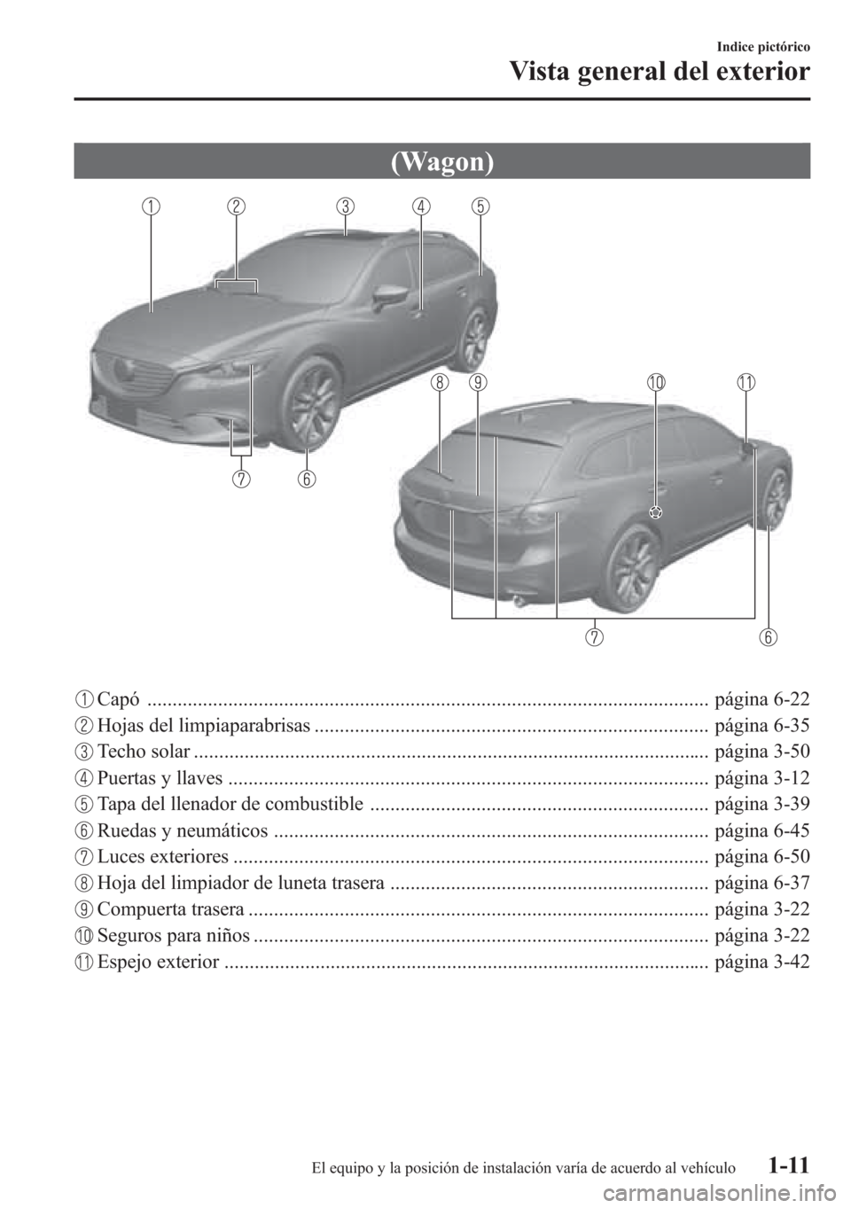 MAZDA MODEL 6 2015  Manual del propietario (in Spanish) (Wagon)
Capó ............................................................................................................... página 6-22
Hojas del limpiaparabrisas ..................................